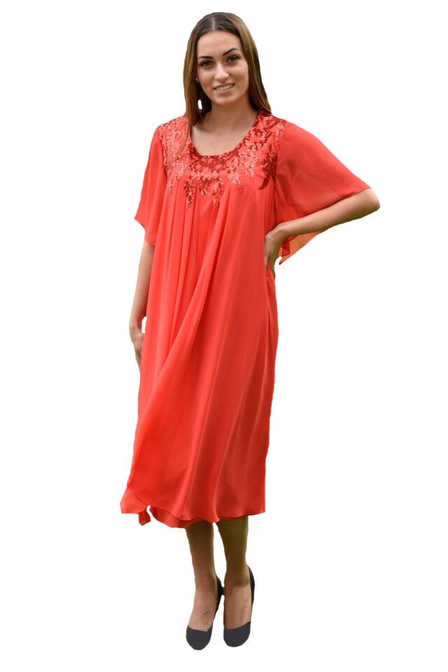 Rochie de ocazie din voal cu paiete, D&J Exclusive, Corai