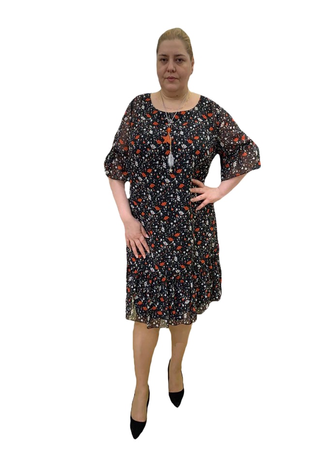 Rochie de zi, din voal, cu design floral, D&J Exclusive, Negru