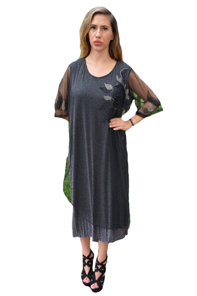 Rochie Brynlee cu aplicatii de margele, cu voal peste,D&J Exclussive, Negru-Argintiu