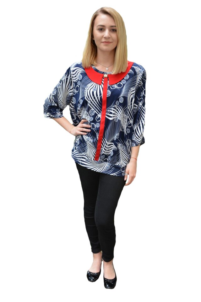 Bluza Zoe eleganat cu model rafinat,model guler rosu,D&J Exclussive, Albastru marin