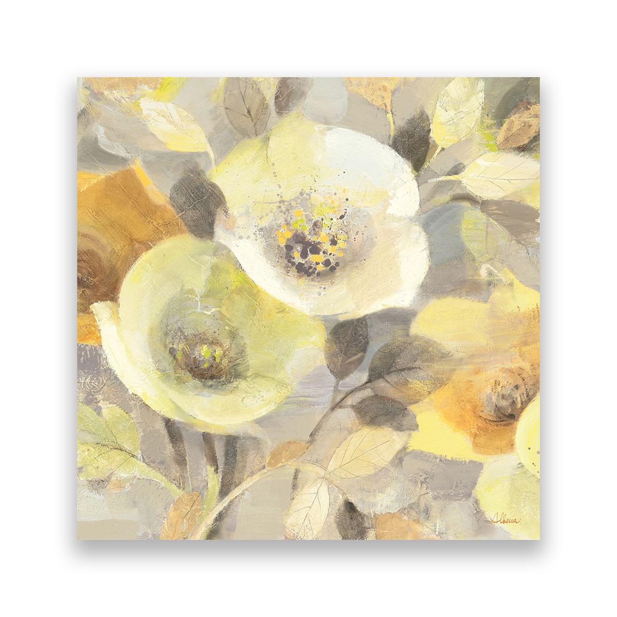 Tablou Canvas - Floral, Frunze, Alb-Galben, 80 x 80 cm