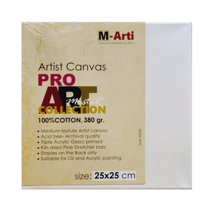 Грундирано платно Pro Art M-Arti, 25 х 25 см, с чамова подрамка