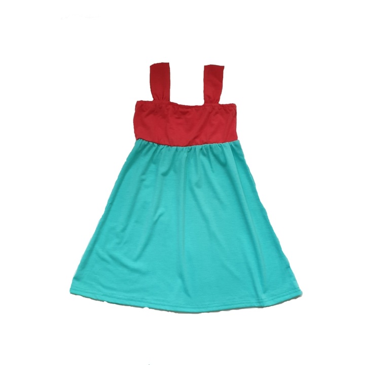 Rochie de plaja verde - rosu, cu bretele, 4 - 5 ani, fiica