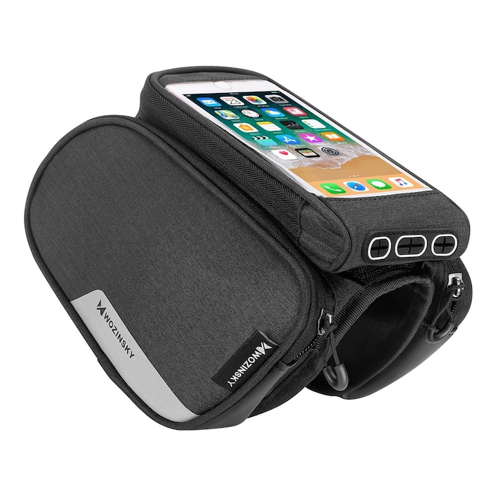 Wozinsky kerékpártáska vízálló telefontoktal, legfeljebb 6,5 hüvelykes telefonokhoz, 3,5 mm-es jack kábellel, vázra szerelhető, 1,5 L, fekete