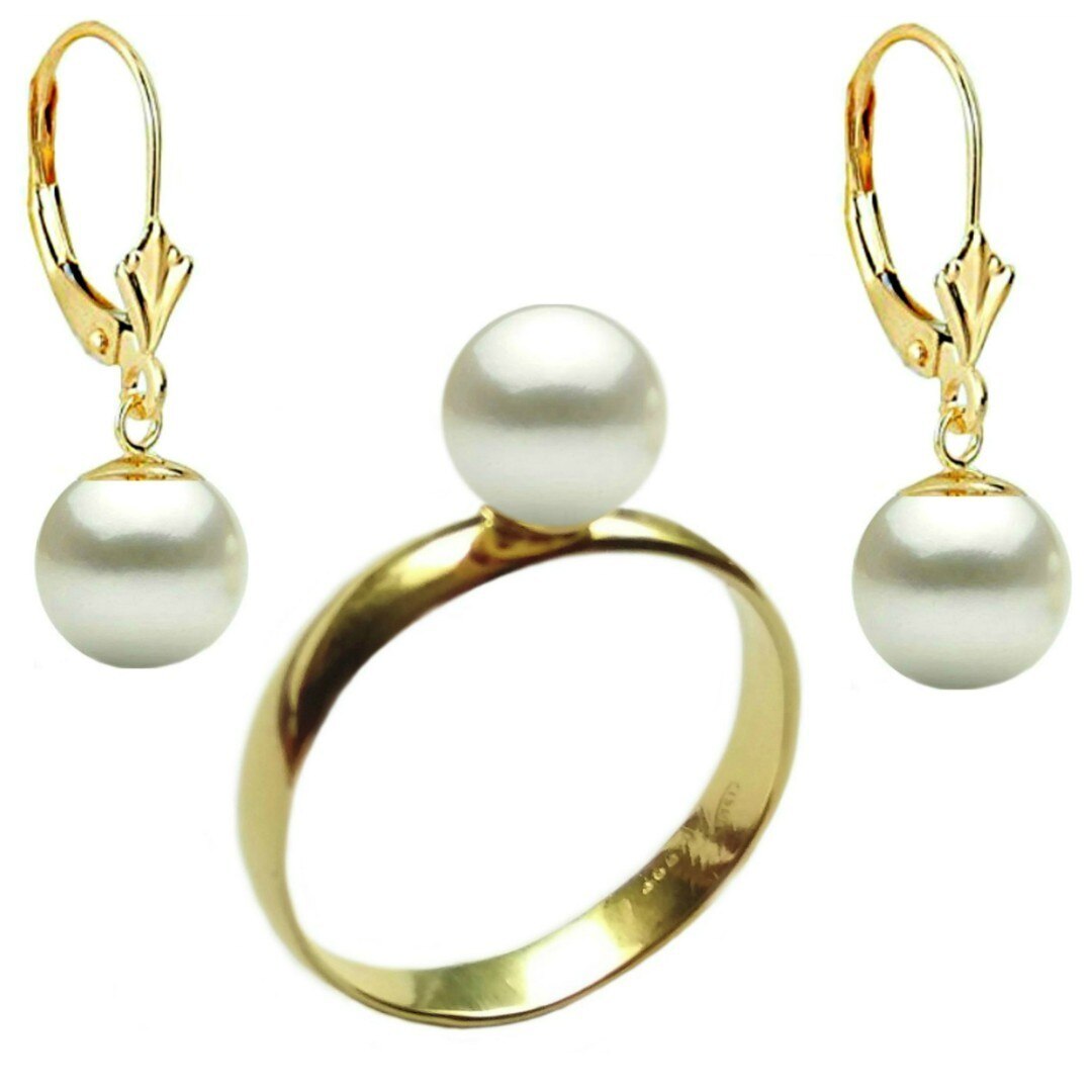 Set Aur Cercei cu Tortita Inchisa Model Lalea si Inel cu Perle Naturale Premium Albe de 8 mm, marimea 18,9 mm