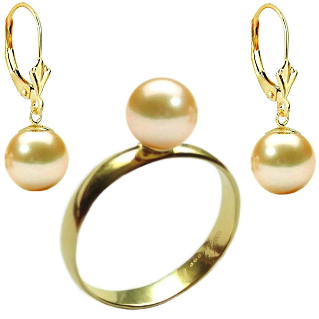 Set Aur Cercei cu Tortita Inchisa Model Lalea si Inel cu Perle Naturale Premium Crem de 8 mm, marimea 20,6 mm