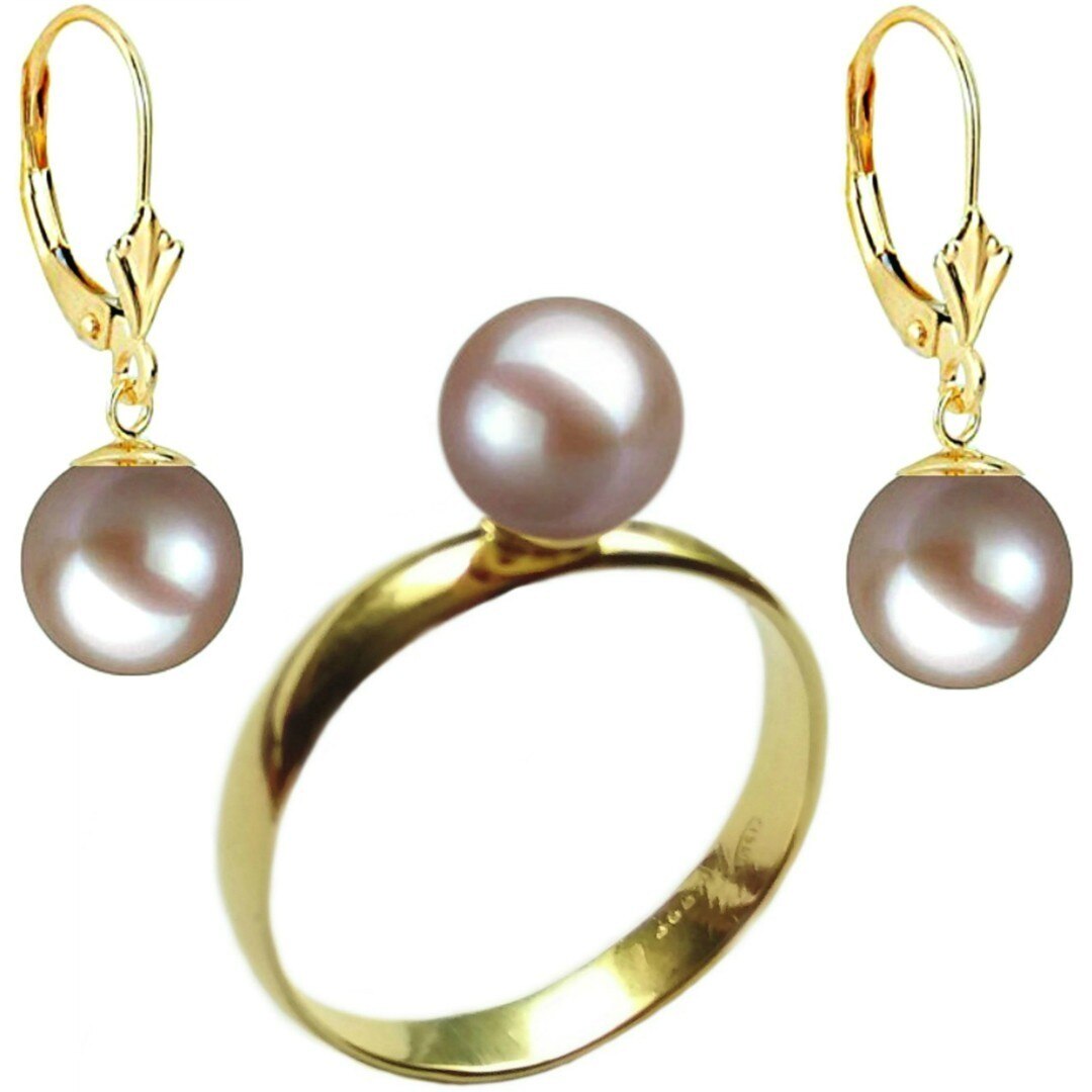 Set Aur Cercei cu Tortita Inchisa Model Lalea si Inel cu Perle Naturale Premium Lavanda de 8 mm, marimea 20,6 mm
