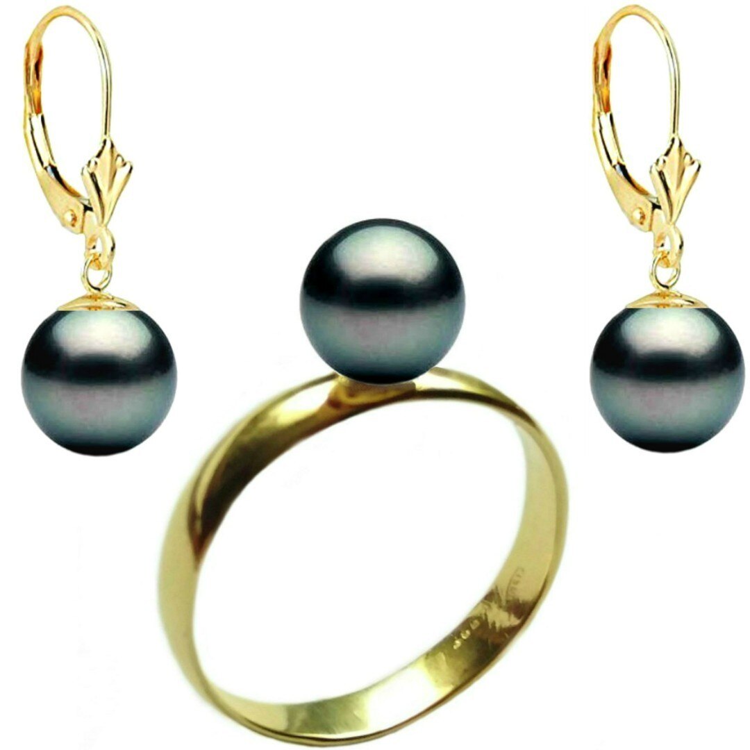 Set Aur Cercei cu Tortita Inchisa Model Lalea si Inel cu Perle Naturale Premium Negre de 8 mm, marimea 20,6 mm