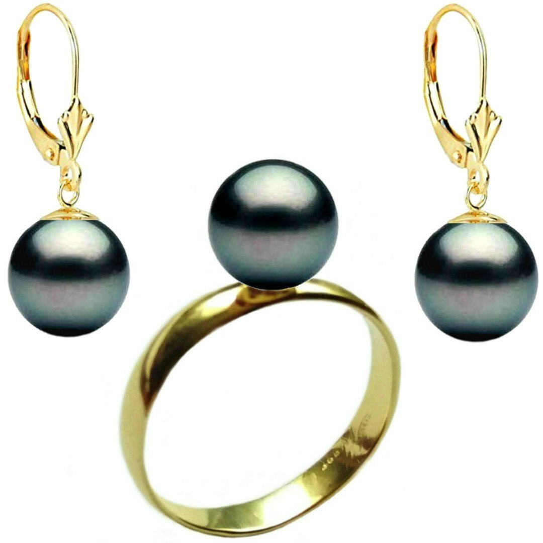 Set Aur Cercei cu Tortita Inchisa Model Lalea si Inel cu Perle Naturale Premium Negre de 10 mm, marimea 17,3 mm