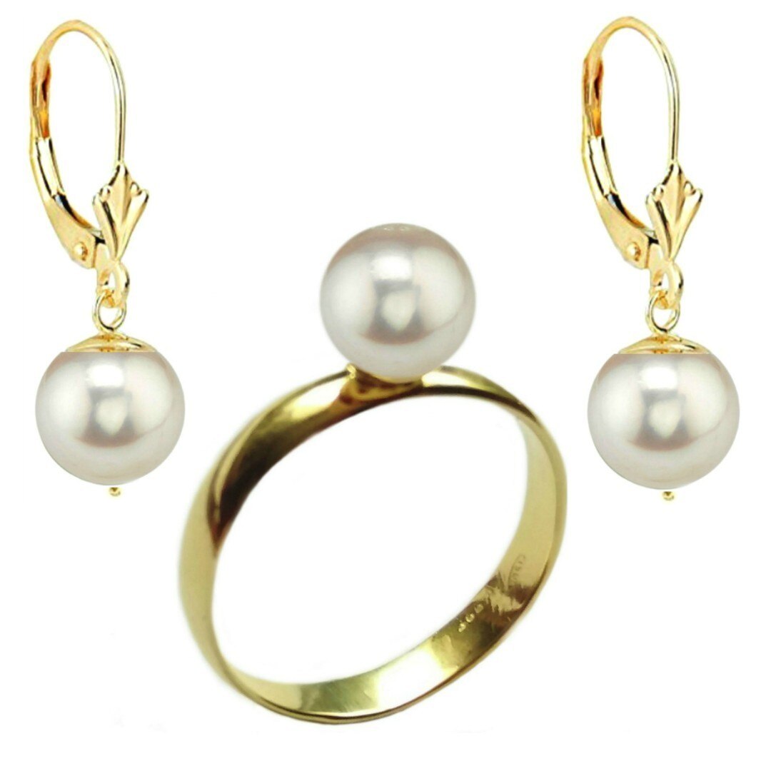 Set Aur Cercei cu Tortita Inchisa Model Lalea si Inel cu Perle Naturale Akoya, marimea 18,9 mm
