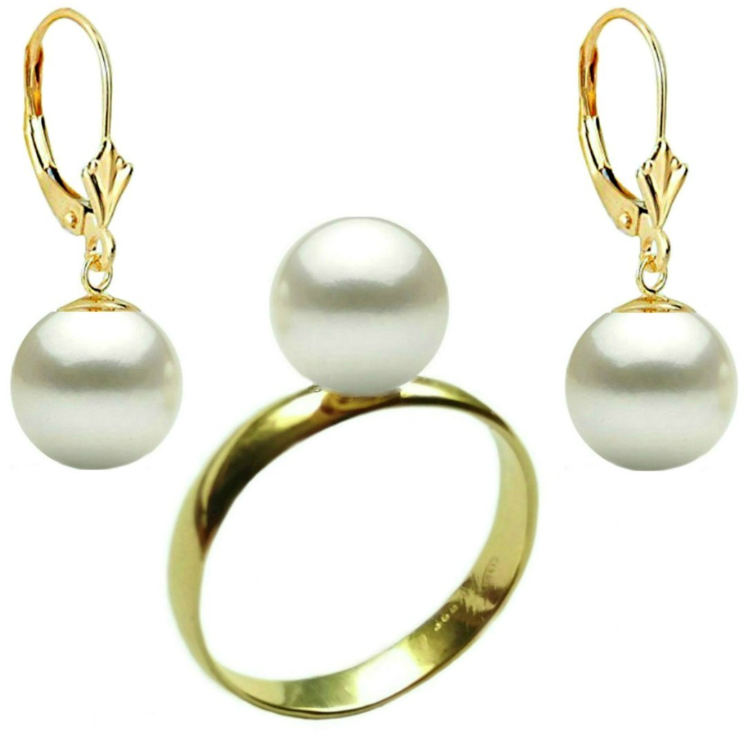 Set Aur Cercei cu Tortita Inchisa Model Lalea si Inel cu Perle Naturale Premium Albe de 10 mm, marimea 15,7 mm