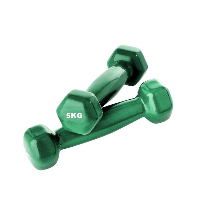 Комплект шестоъгълни дъмбели 2 х 5 кг, изработени от чугун, покрити с винил, Зелен