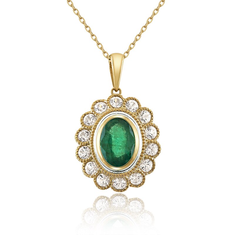 Pandantiv cu Lant Deruvo Aur 18k Smarald, Safire Albe, Ajustabil 40-45 PCPF00354-EMSAY