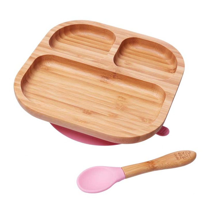Dodoli Square, Bambusz tányér, Csúszásgátló tapadókoronggal és teáskanállal, 17 x 17 cm, Rózsaszín