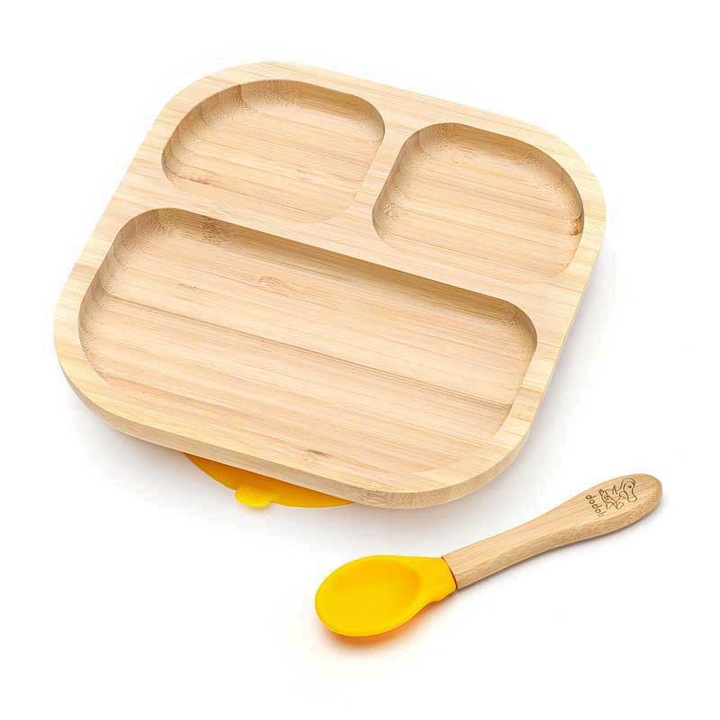 Dodoli diverzifikáló tányér, bambusz, csúszásgátló tapadókoronggal és kanállal, 17x17 cm, sárga