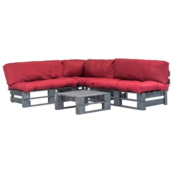Set mobilier de gradina din paleti, 4 piese, vidaXL, Gri si rosu, 220 x 176 x 65 cm Set mobilier de gradina din paleti, 4 piese, vidaXL, Gri si rosu, 220 x 176 x 65 cm