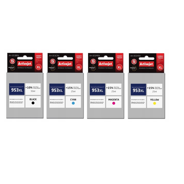 HP953XL Set 4 Cartuse cerneala, original ActiveJet, 953XL/HP Black/Cyan/Magenta/Yelow HP OfficeJet Pro 7700 / 7720/ 7730/7740 8200 Series/ HP OfficeJet Pro 8210/ HP OfficeJet Pro 8216/ 8218/ 8710/ 8715/ 8718/ 8719/ 8720/ 8720 8725/ 8730/ 8740