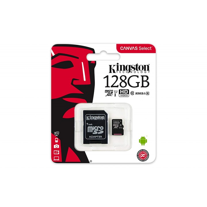 Card de memorie Kingston Canvas Select, 128GB, UHS-I, Class 10 (U1), Adaptor