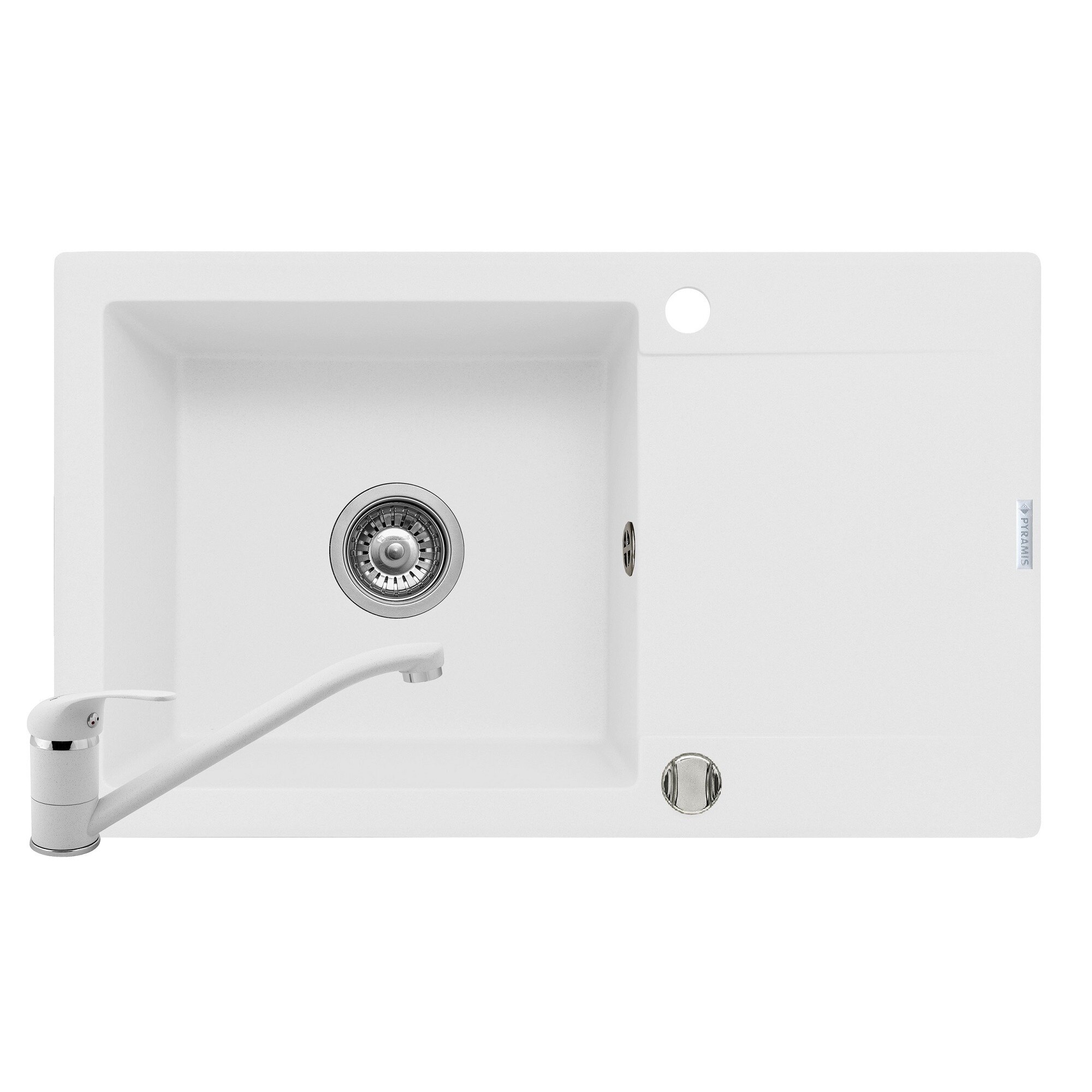 Set Pyramis chiuveta MIDO PLUS si baterie ASALIA, dimensiune 780x460mm, adancime 190mm, reversibila, pipa lunga, finisaj Pyragranite alb