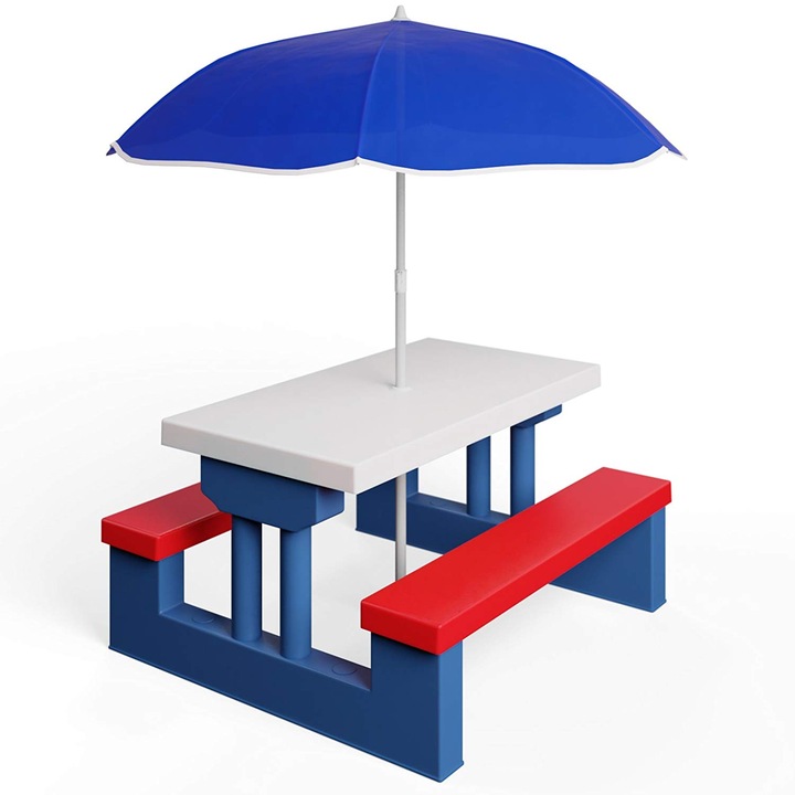 Set de mobilier gradina pentru copii, masa, 2 bancute fixe si umbrela, Ego
