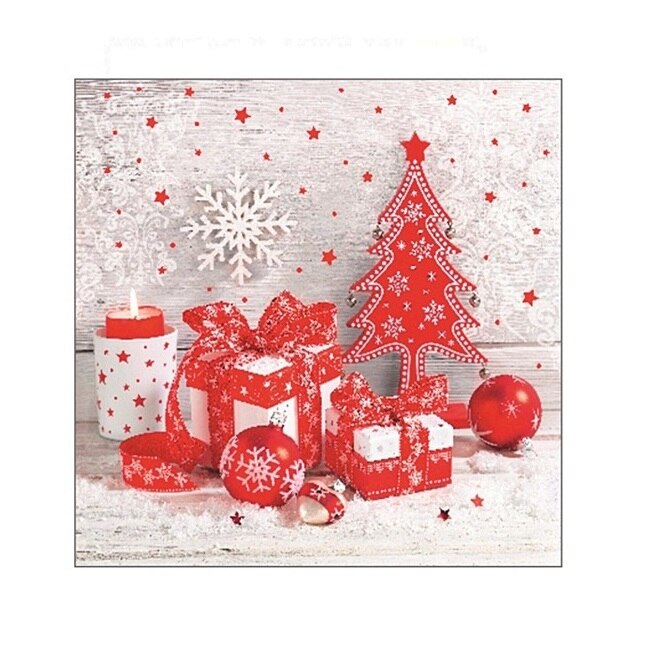 Set 20 servetele din hartie de Craciun - vintage chic alb cu rosu, 33 x 33 cm