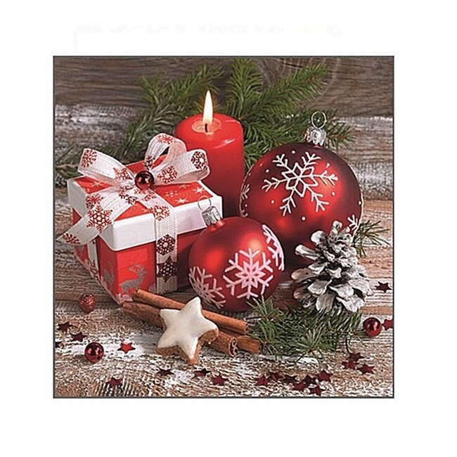 Set 20 servetele din hartie de Craciun - globuri rosii cu cadou, 33 x 33 cm