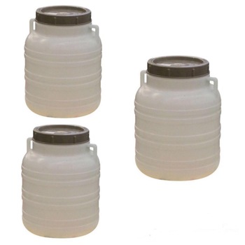 Pachet 3 x Butoi/Bidon 30L din plastic alimentar, cu capac prin infiletare si maner Pachet 3 x Butoi/Bidon 30L din plastic alimentar, cu capac prin infiletare si maner