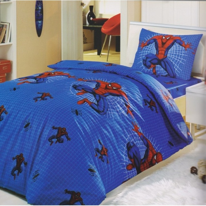 Set 3 piese lenjerie de pat copii, 1 persoana, Spiderman blue