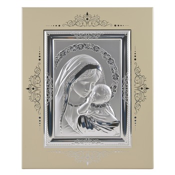 Icoana placata cu argint - Maria si pruncul Iisus - Ghirlanda florala, compozit, drept, 1/3 Icoana placata cu argint - Maria si pruncul Iisus - Ghirlanda florala, compozit, drept, 1/3