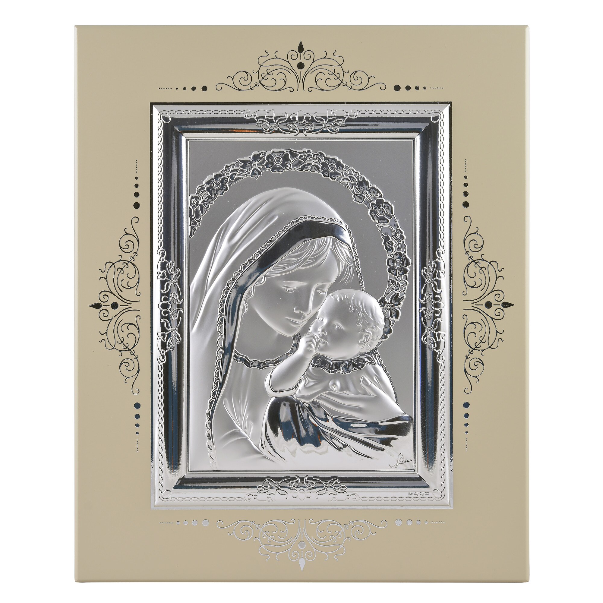 Icoana placata cu argint - Maria si pruncul Iisus - Ghirlanda florala, compozit, drept, 17x14 cm, 2/3