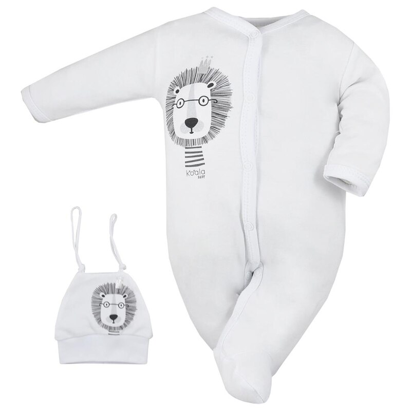 Set doua piese salopeta si caciula pentru bebelusi Koala Simba 07-474, Alb, 50 cm
