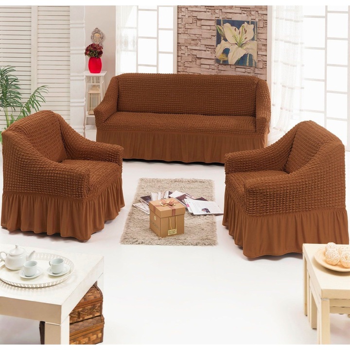 Set 3 huse 311, pentru canapele 3 locuri si 2 fotolii - Model uni - Maro