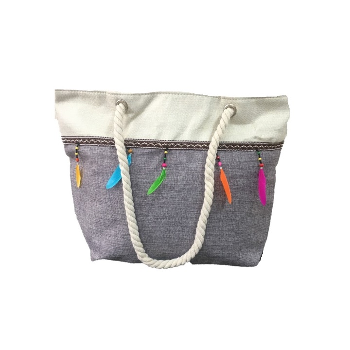 Плажна чанта, Тъмно сива, Текстил/ Лен, 1 вътрешен джоб с цип, Размер 16/37/51см.