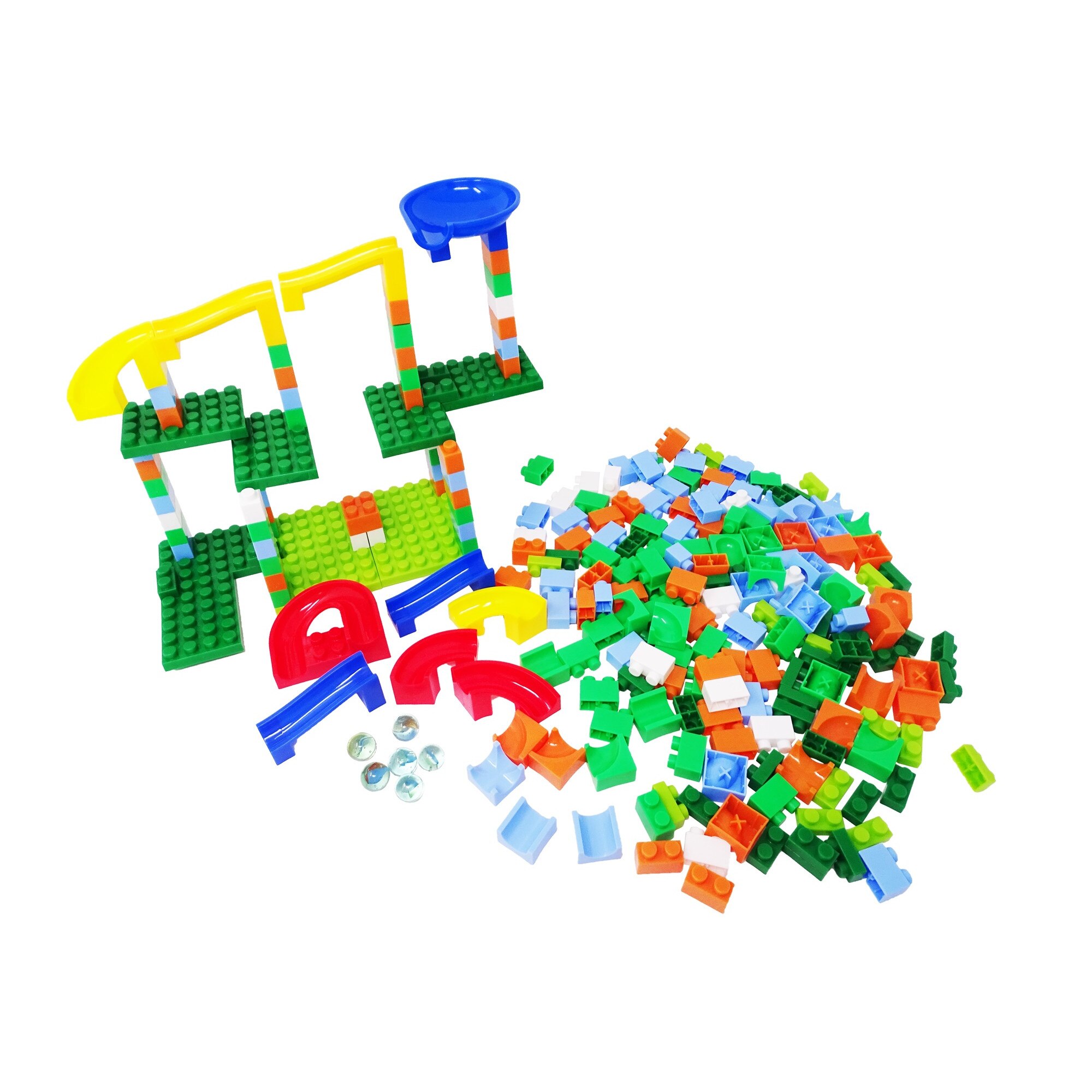 Set de 248 de piese multicolore, medii, pentru construit si 6 bile