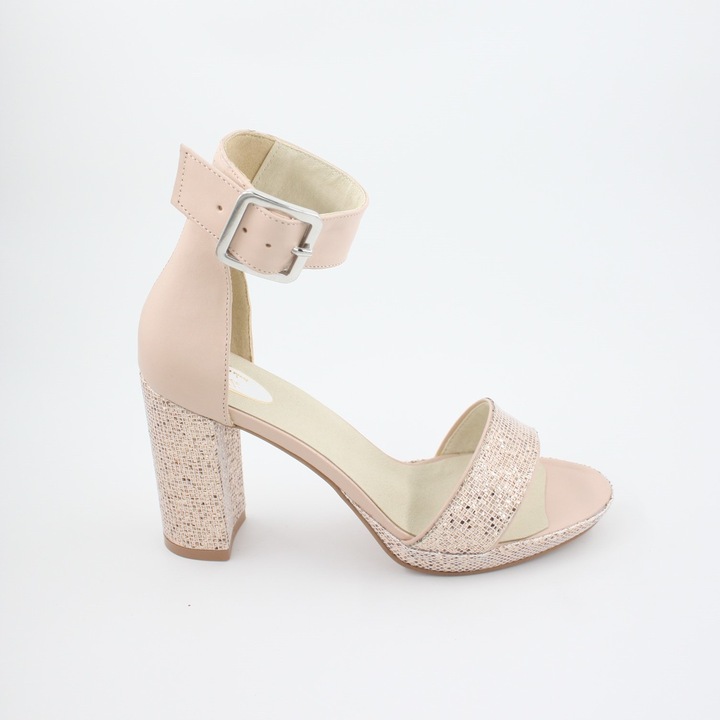 Sandale dama, SandAli, piele naturala, gliter, toc inalt gros, Bej rose