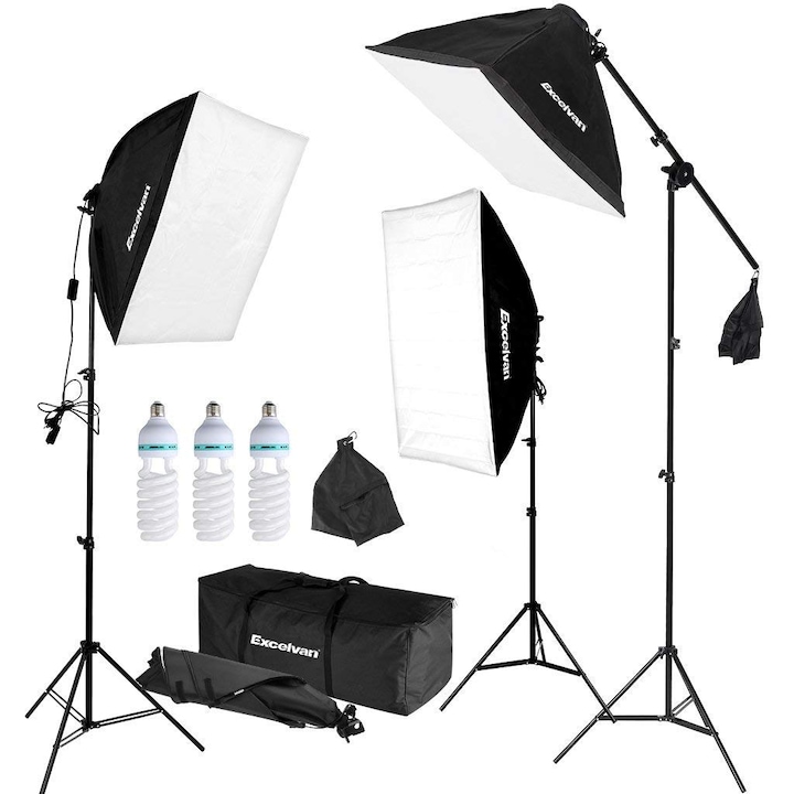 Kit Lumina Continua Softbox , Excelvan , Set de lumini pentru studio foto si video ,50 x 67cm , 3 lampi de 135W, Trepied , Set Profesional , pentru Sedinta Foto