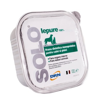 Hrana pentru caini, Solo, conserva monoproteica, carne de iepure, 100 g Hrana pentru caini, Solo, conserva monoproteica, carne de iepure, 100 g