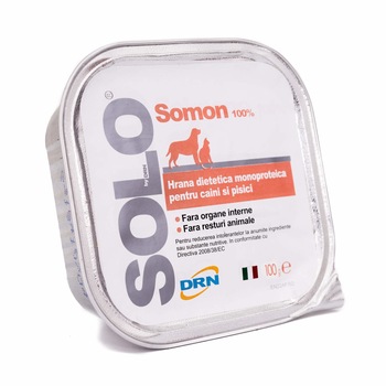 Hrana pentru caini, Solo, conserva monoproteica, carne de somon 100 g Hrana pentru caini, Solo, conserva monoproteica, carne de somon 100 g