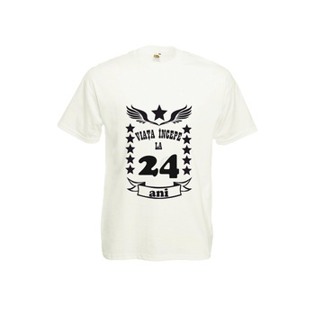 Tricou barbatesc personalizat viata incepe la 24 ani alb 2XL Tricou barbatesc personalizat viata incepe la 24 ani alb 2XL