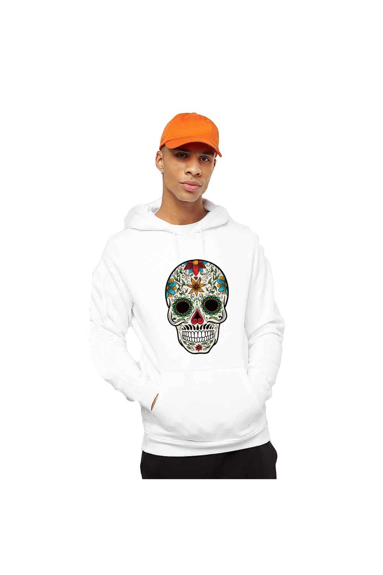 Hanorac Barbati Alb, Sugar Skull Colorful, Alb