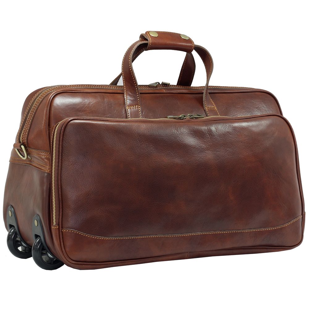 Geanta de voiaj cu roti si maner retractabil, din piele naturala, cognac, Suveran