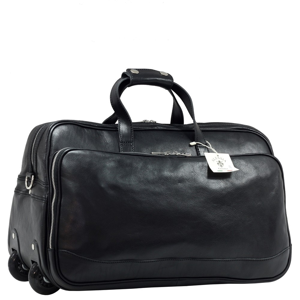 Geanta de voiaj cu roti si maner retractabil, din piele naturala, neagra, Suveran