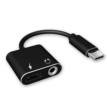 Adaptor 2 in 1 Type C la jack 3.5mm port audio si Type-C port incarcare negru Adaptor 2 in 1 Type C la jack 3.5mm port audio si Type-C port incarcare negru
