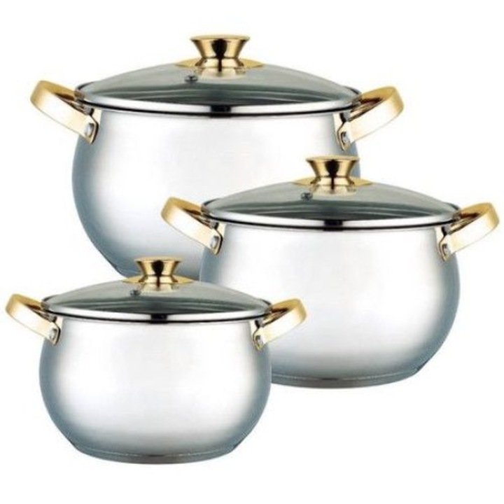 3 rozsdamentes acélból készült edény, üvegfedővel, SWBSAGR1057