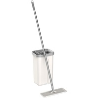 Set de curatenie Kring New Clear, 5.7L, galeata doua compartimente ( clatire + stoarcere), maner telescopic si mop plat + o rezerva, Alb/Gri