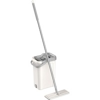 Set de curatenie Kring New Clear, 7.5L, galeata doua compartimente ( clatire + stoarcere), maner telescopic si mop plat + o rezerva, Alb/Gri