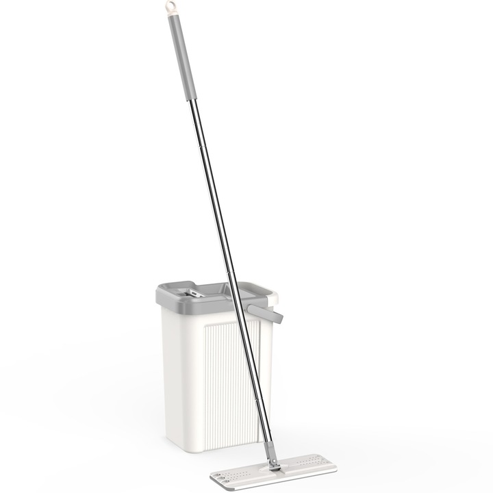 Set de curatenie Kring New Clear, 7.5L, galeata doua compartimente ( clatire + stoarcere), maner telescopic si mop plat + o rezerva, Alb/Gri