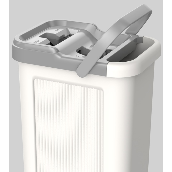 Set de curatenie Kring New Clear, 7.5L, galeata doua compartimente ( clatire + stoarcere), maner telescopic si mop plat + o rezerva, Alb/Gri