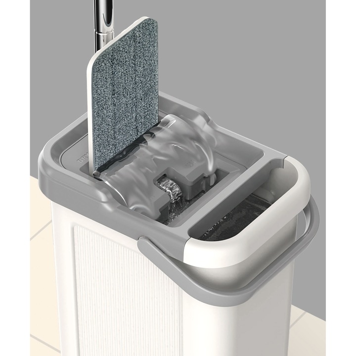 Set de curatenie Kring New Clear, 7.5L, galeata doua compartimente ( clatire + stoarcere), maner telescopic si mop plat + o rezerva, Alb/Gri