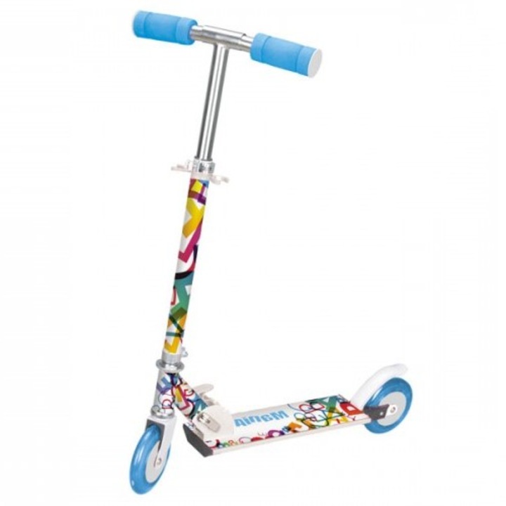 Детска тротинетка със силиконови колела NOVOKIDS™ Mania, 2 колела, сгъваема, дръжка с регулируема височина, максимум 20 кг, силиконови колела, крачна спирачка, модерен дизайн, Graffiti Blue